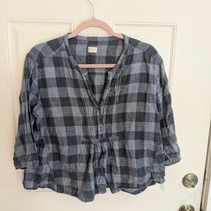 Poetry 100% Linen Popover Gingham Top